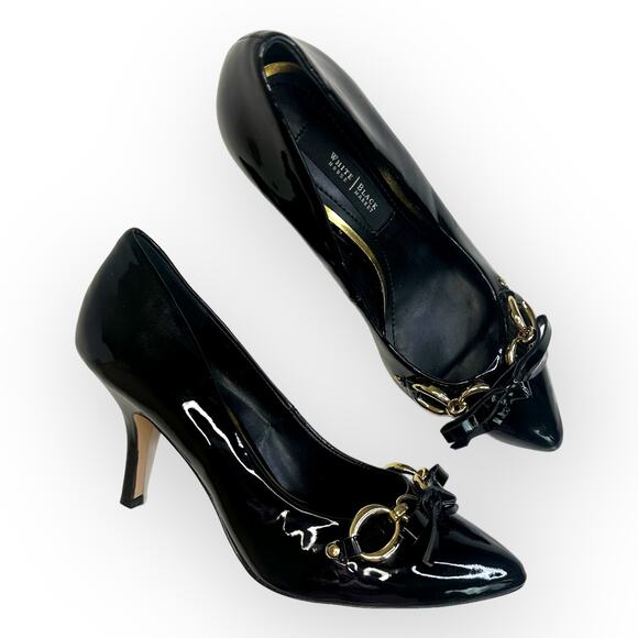 White House Black Market Shoes - White House Black Market Gabriele Pump Size 6 Black Patent Leather Bow Chain Toe